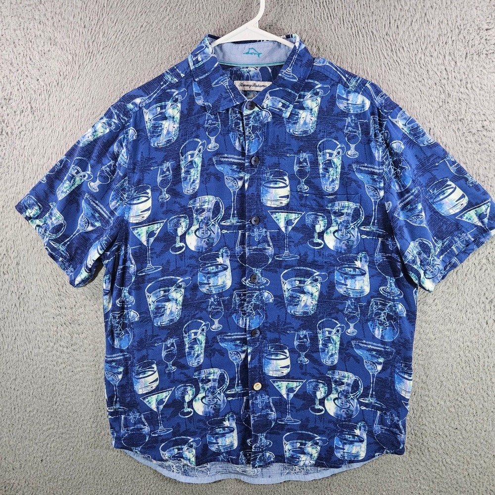 Tommy Bahama Mens Blue Cocktail Drink Print Viscose‎ Short Sleeve Shirt Medium